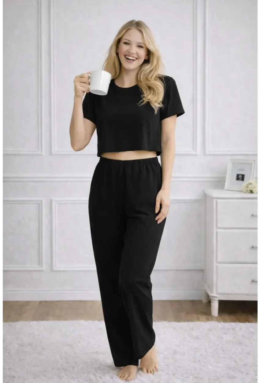 Kadın Siyah Alt Üst Pijama Takımı - Ev Giyimi