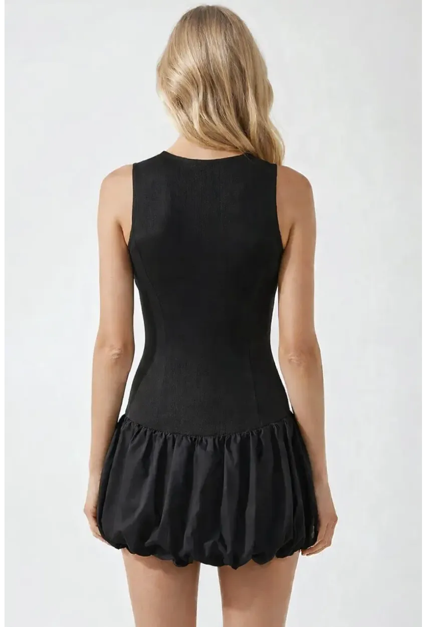 Kadın Siyah Balon Etekli Mini Elbise