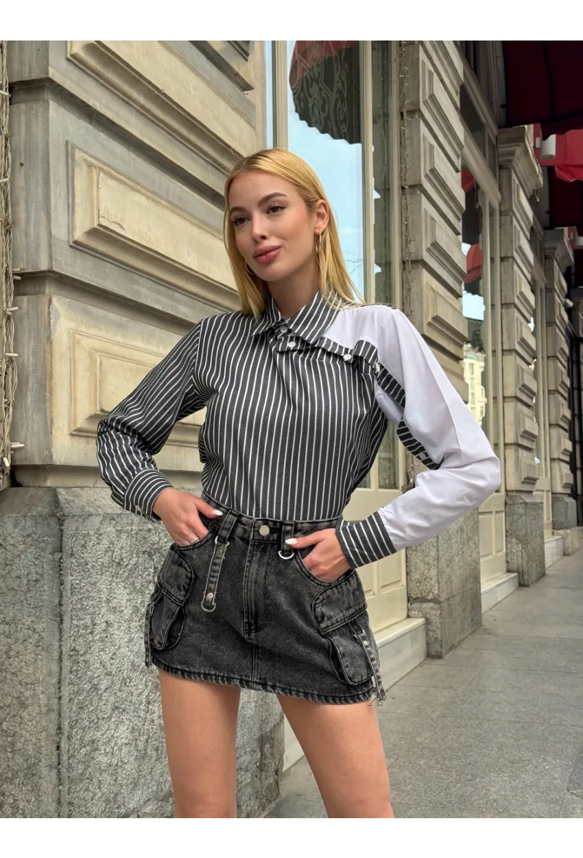 Kadın Siyah Çizgili Kol Asimetrik Düğme Detaylı Gömlek