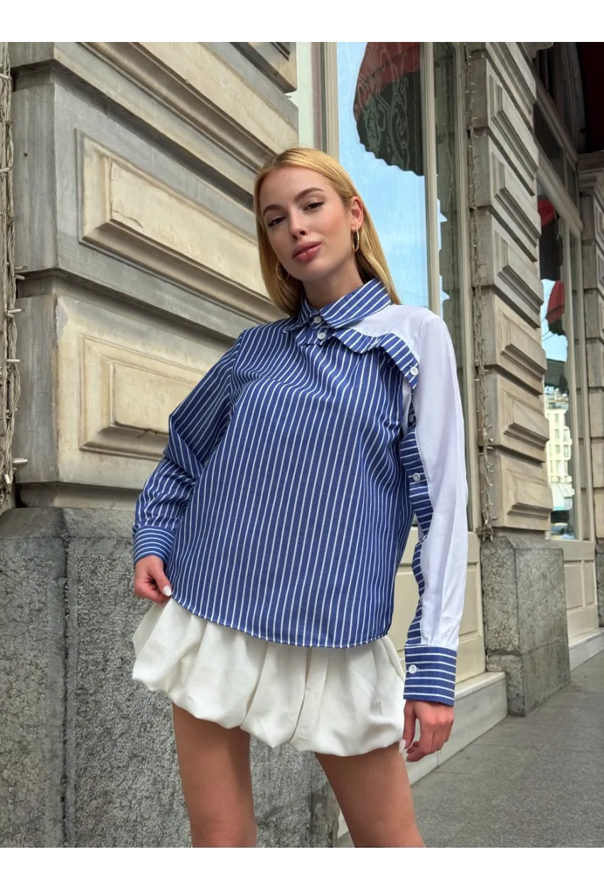 Kadın Siyah Çizgili Kol Asimetrik Düğme Detaylı Gömlek