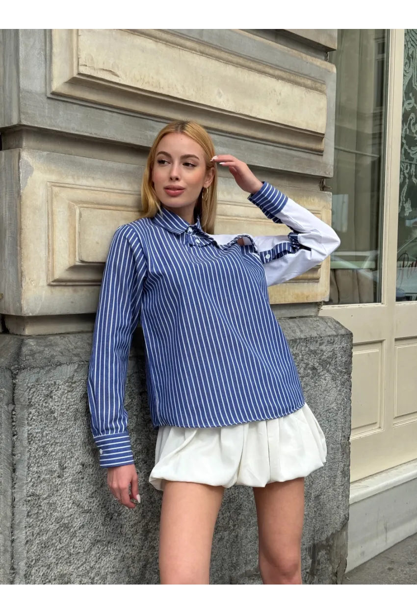 Kadın Siyah Çizgili Kol Asimetrik Düğme Detaylı Gömlek