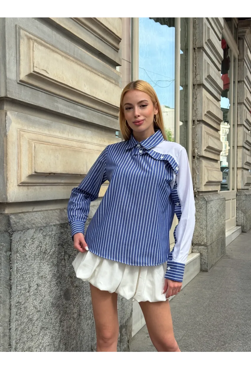 Kadın Siyah Çizgili Kol Asimetrik Düğme Detaylı Gömlek