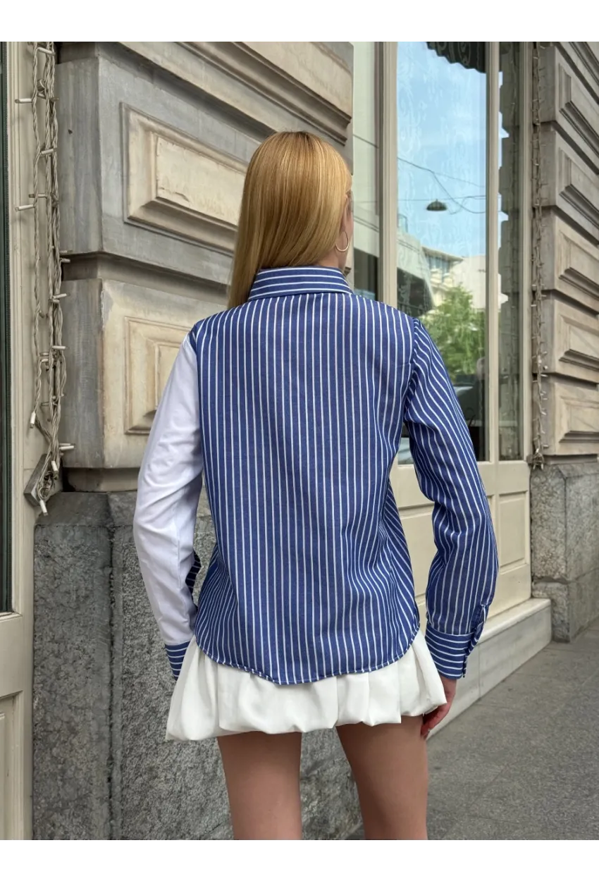 Kadın Siyah Çizgili Kol Asimetrik Düğme Detaylı Gömlek