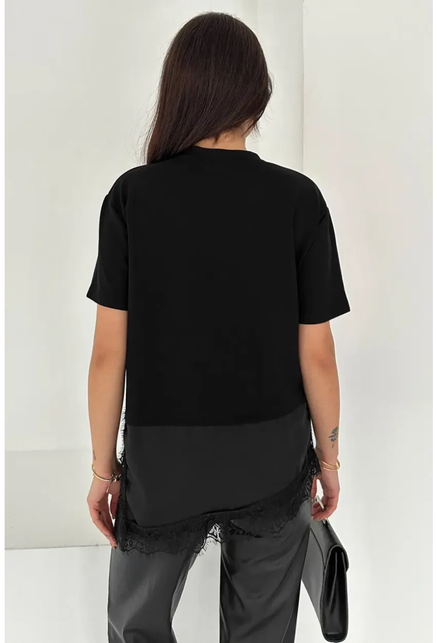 Kadın Siyah Dantel Detaylı T-Shirt
