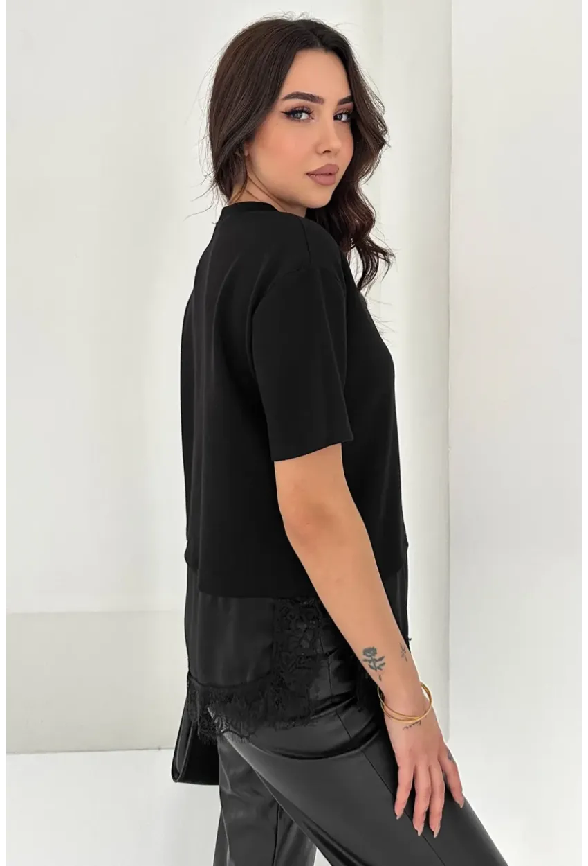 Kadın Siyah Dantel Detaylı T-Shirt