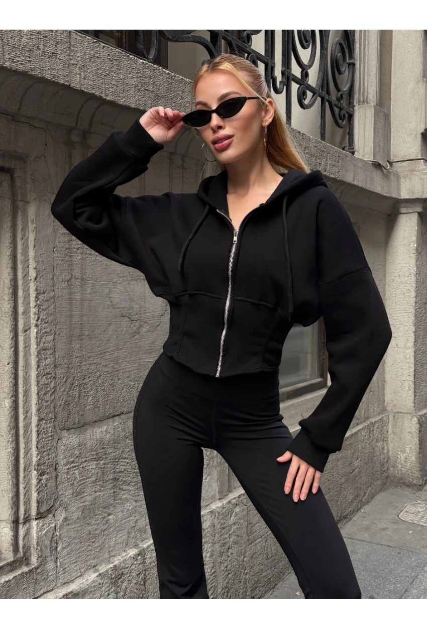 Kadın Siyah Fermuarlı Hoodie Sweatshirt