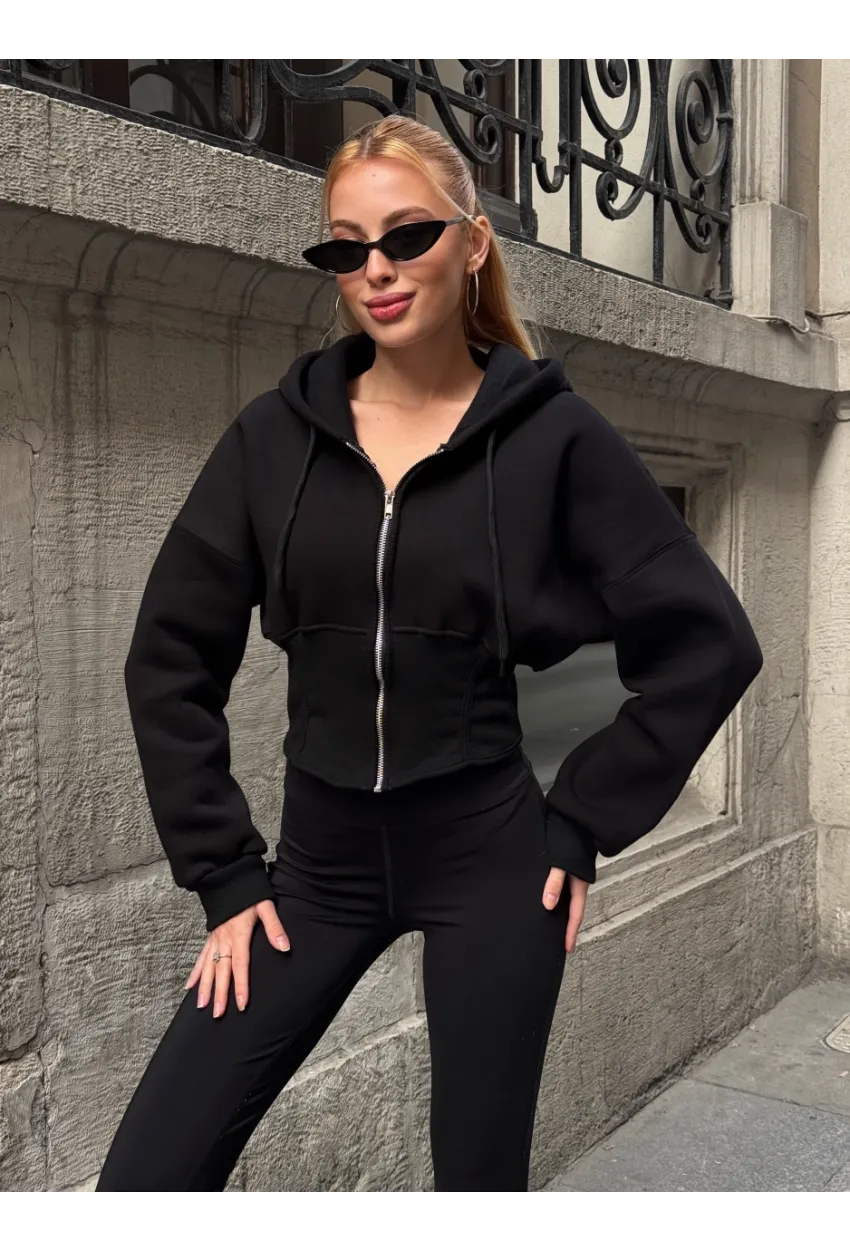 Kadın Siyah Fermuarlı Hoodie Sweatshirt