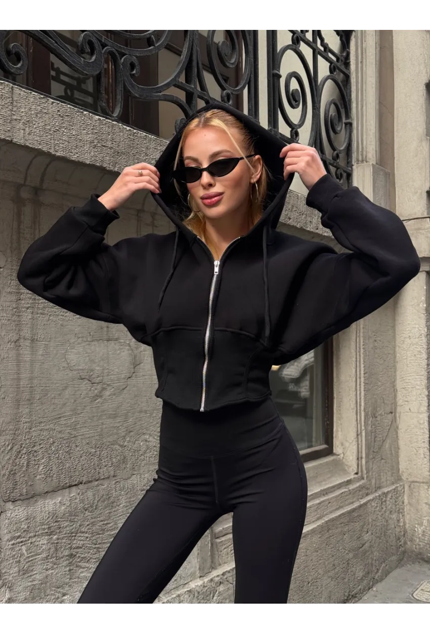 Kadın Siyah Fermuarlı Hoodie Sweatshirt