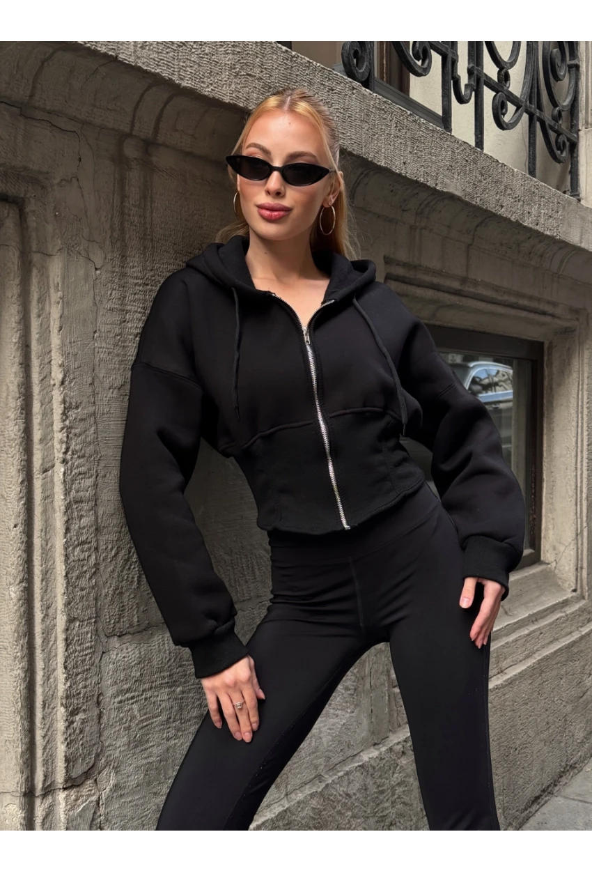 Kadın Siyah Fermuarlı Hoodie Sweatshirt