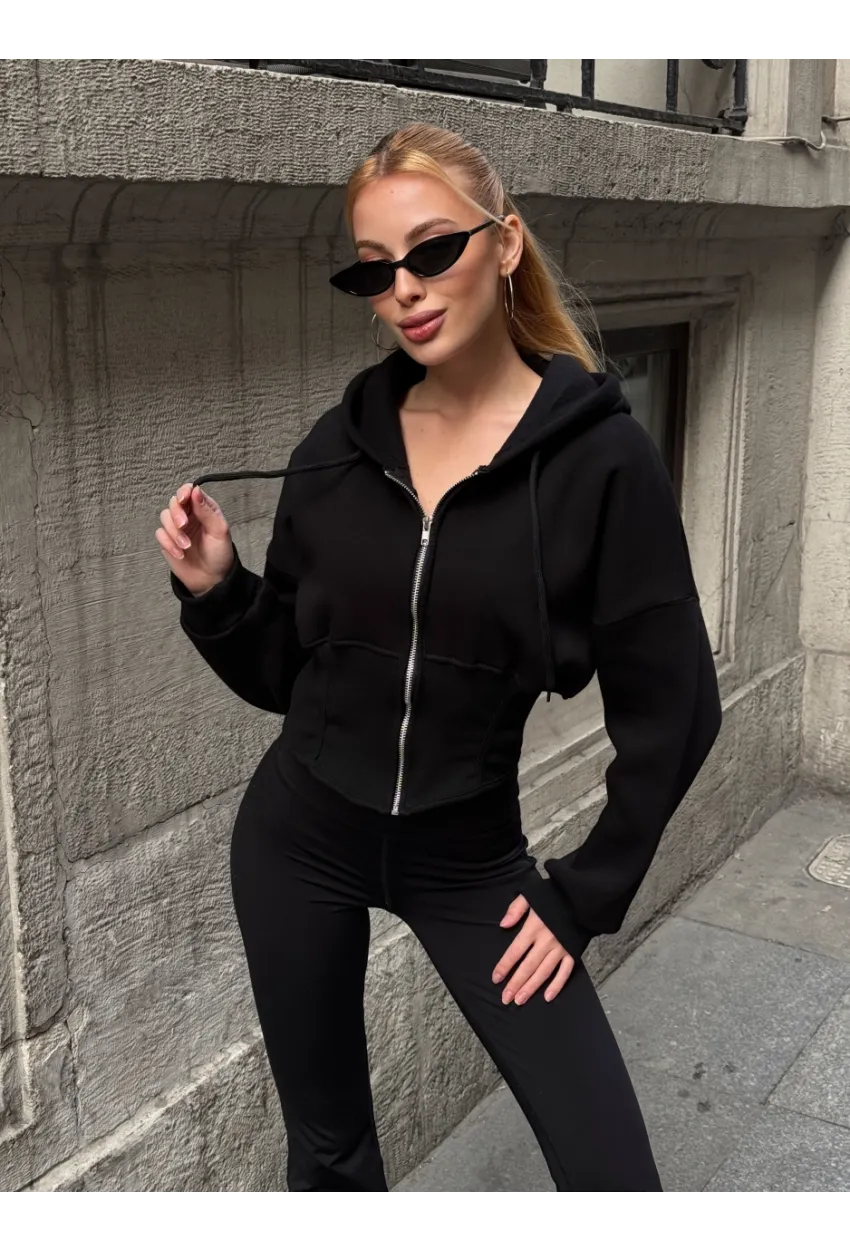 Kadın Siyah Fermuarlı Hoodie Sweatshirt