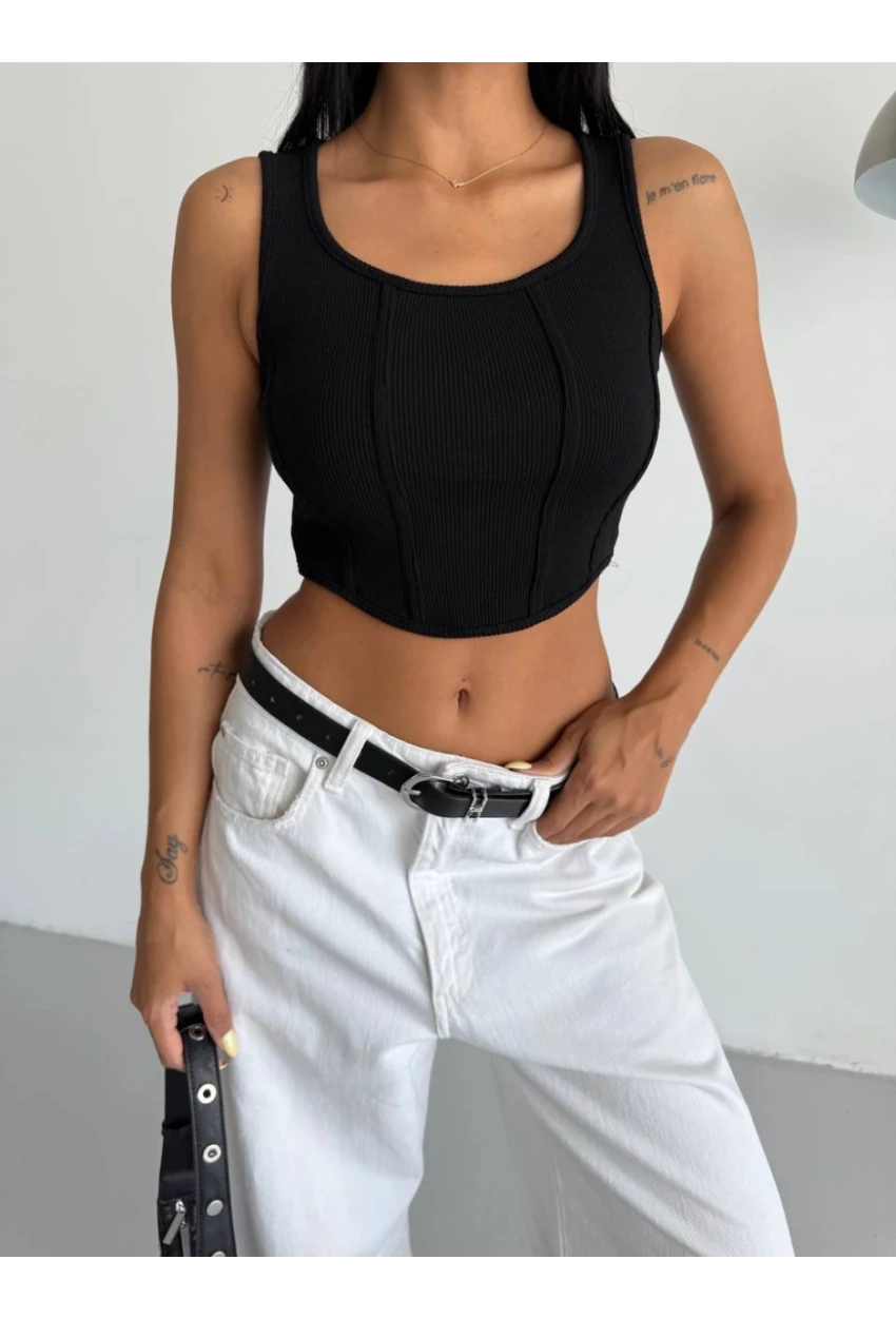 Kadın Siyah Kaşkorse Crop Bluz