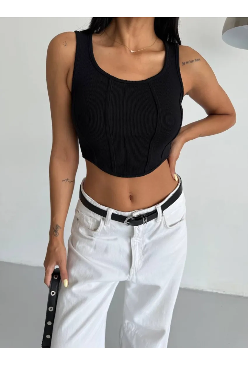 Kadın Siyah Kaşkorse Crop Bluz