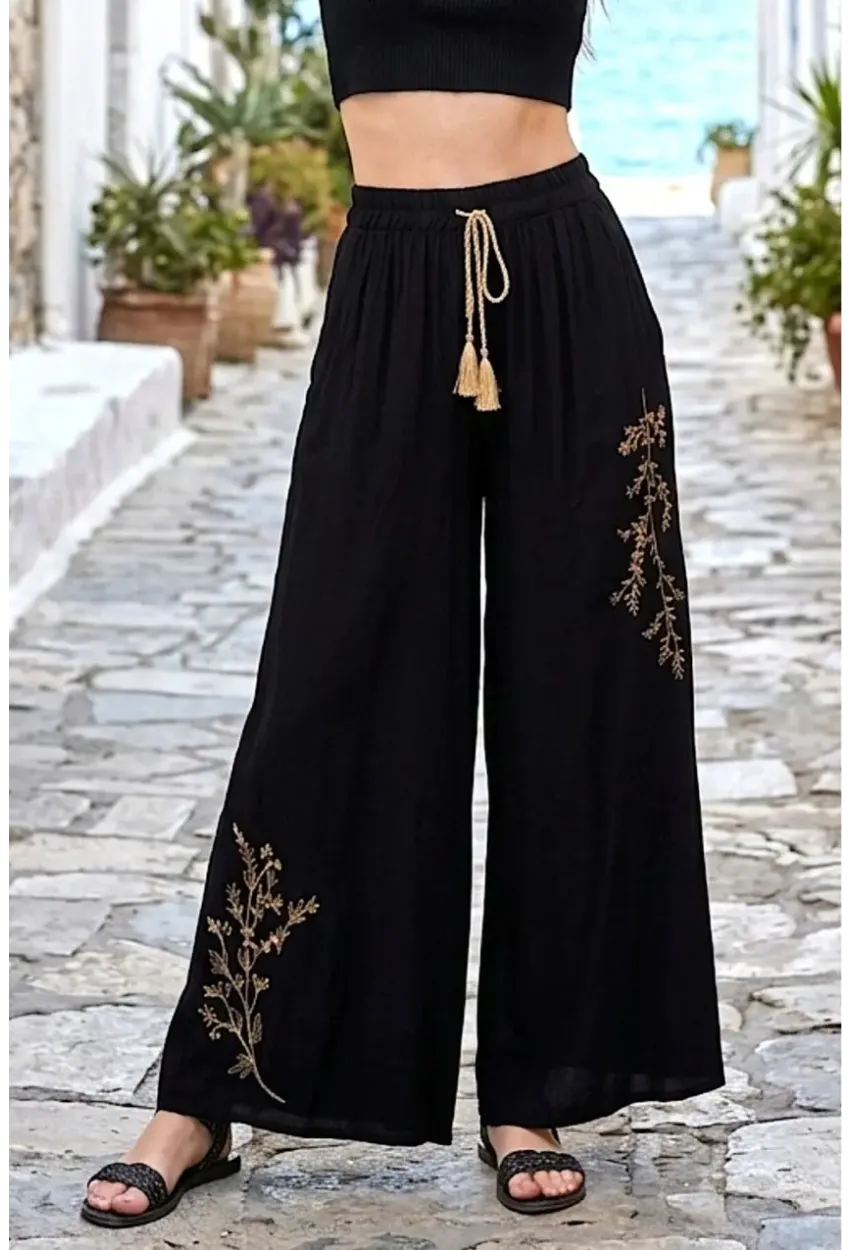 Kadın Siyah Nakışlı Bol Paça Pantolon