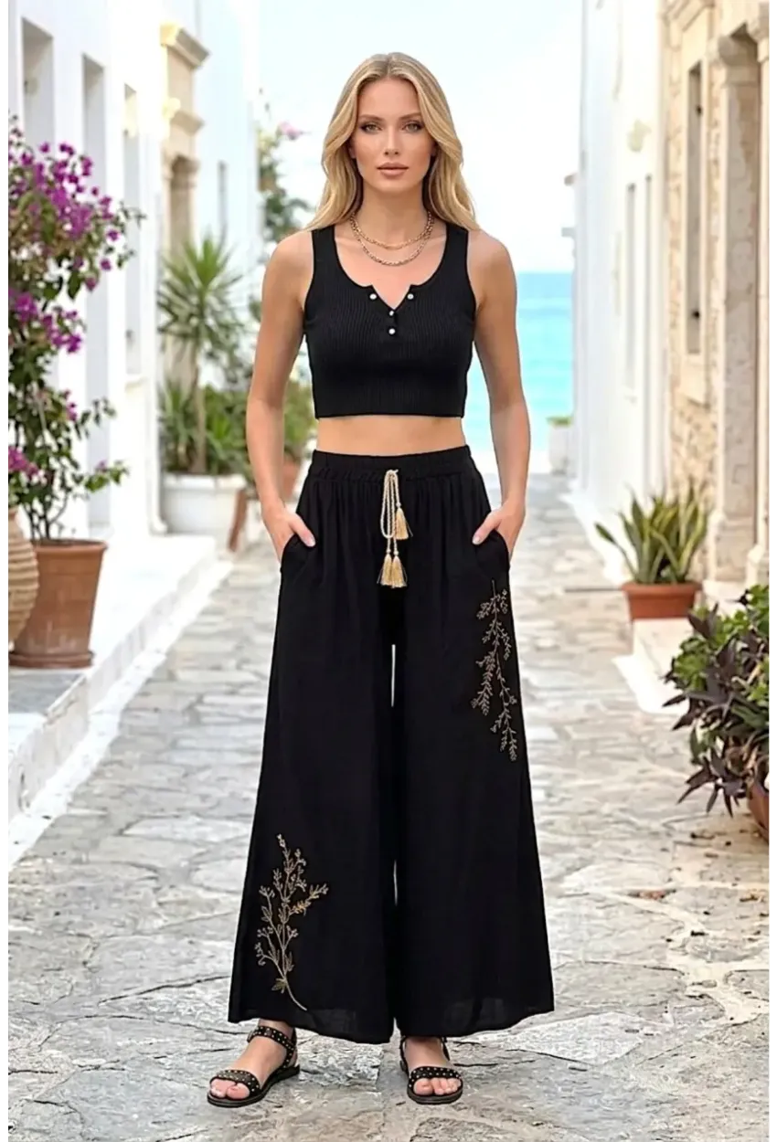 Kadın Siyah Nakışlı Bol Paça Pantolon