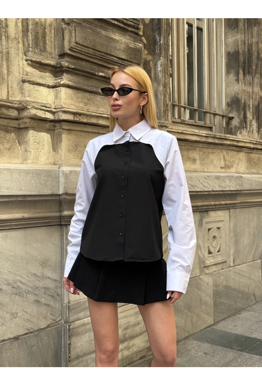 Kadın Siyah Renk Bloklu Uzun Kollu Oversize Gömlek
