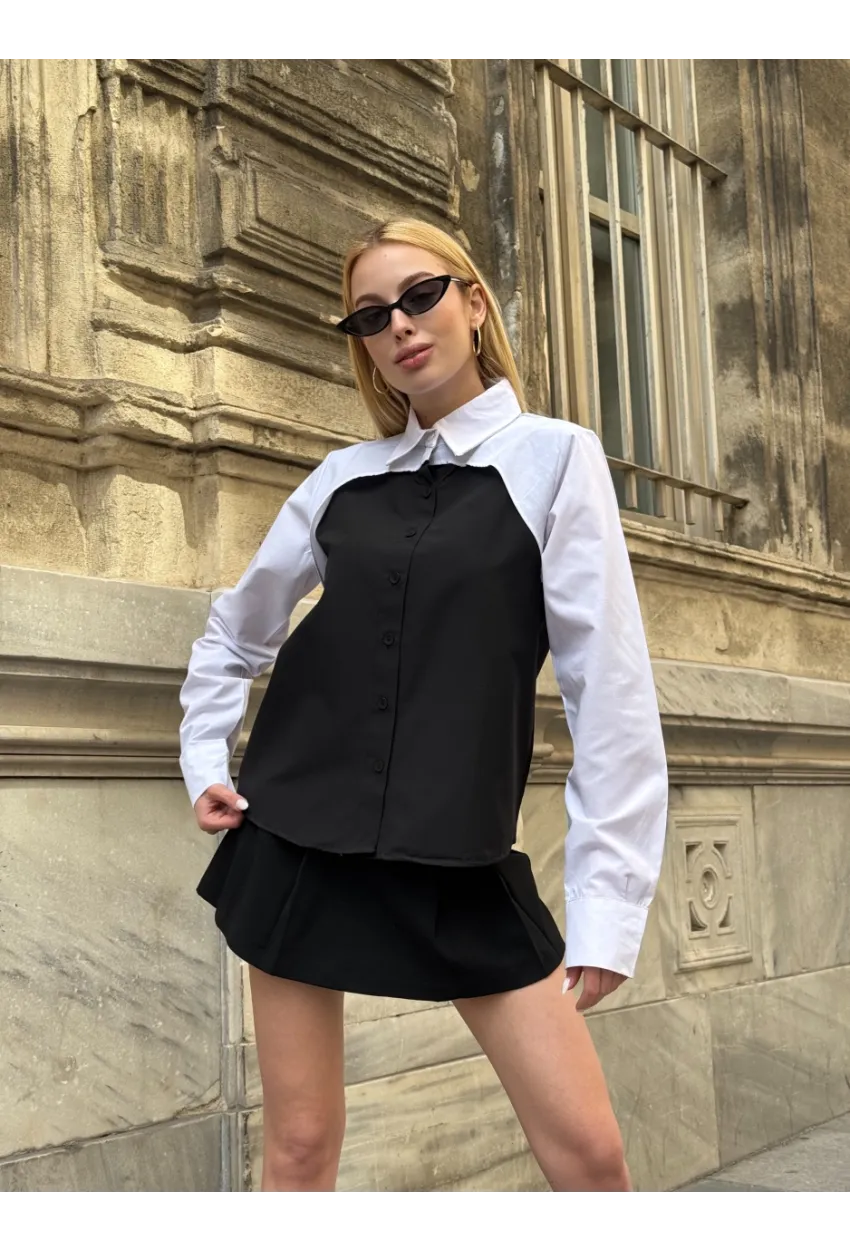 Kadın Siyah Renk Bloklu Uzun Kollu Oversize Gömlek
