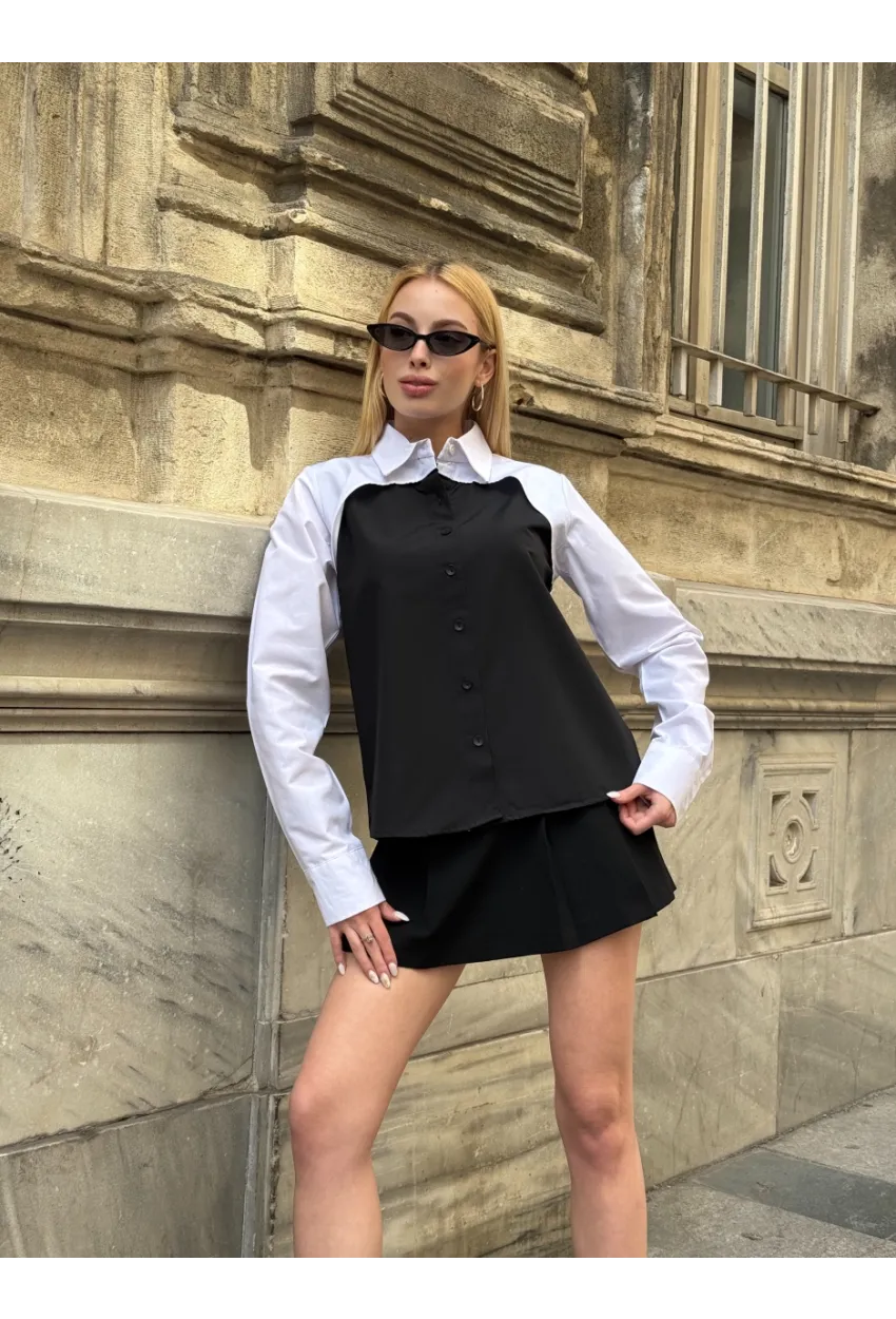 Kadın Siyah Renk Bloklu Uzun Kollu Oversize Gömlek
