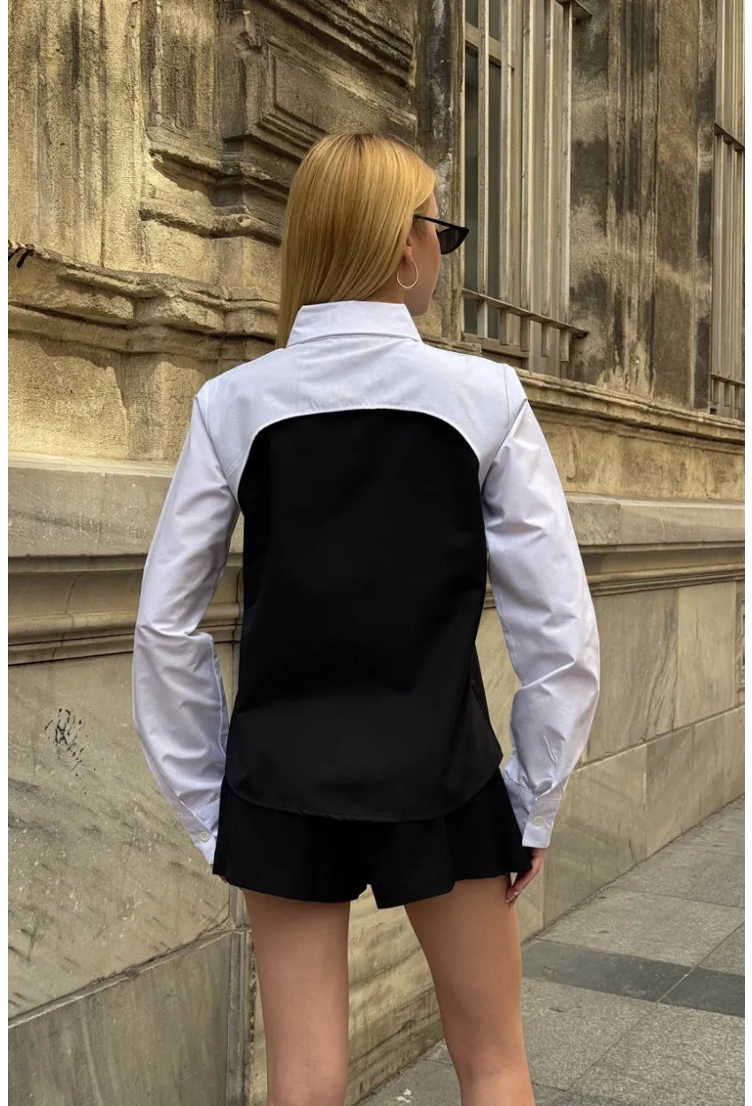 Kadın Siyah Renk Bloklu Uzun Kollu Oversize Gömlek