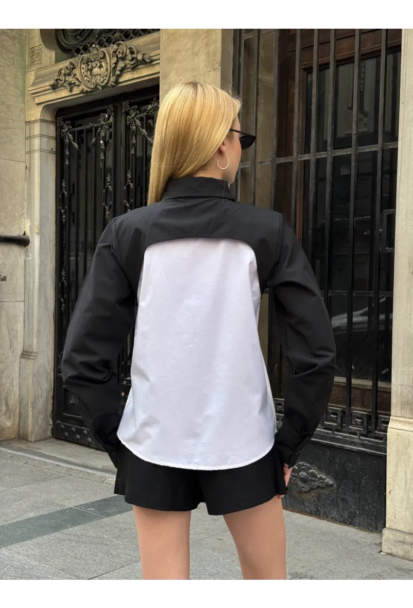 Kadın Siyah Renk Bloklu Uzun Kollu Oversize Gömlek