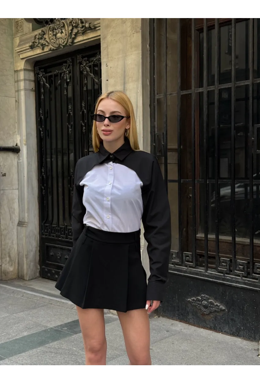 Kadın Siyah Renk Bloklu Uzun Kollu Oversize Gömlek