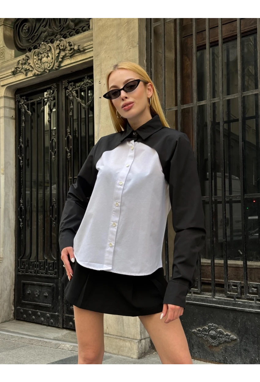Kadın Siyah Renk Bloklu Uzun Kollu Oversize Gömlek