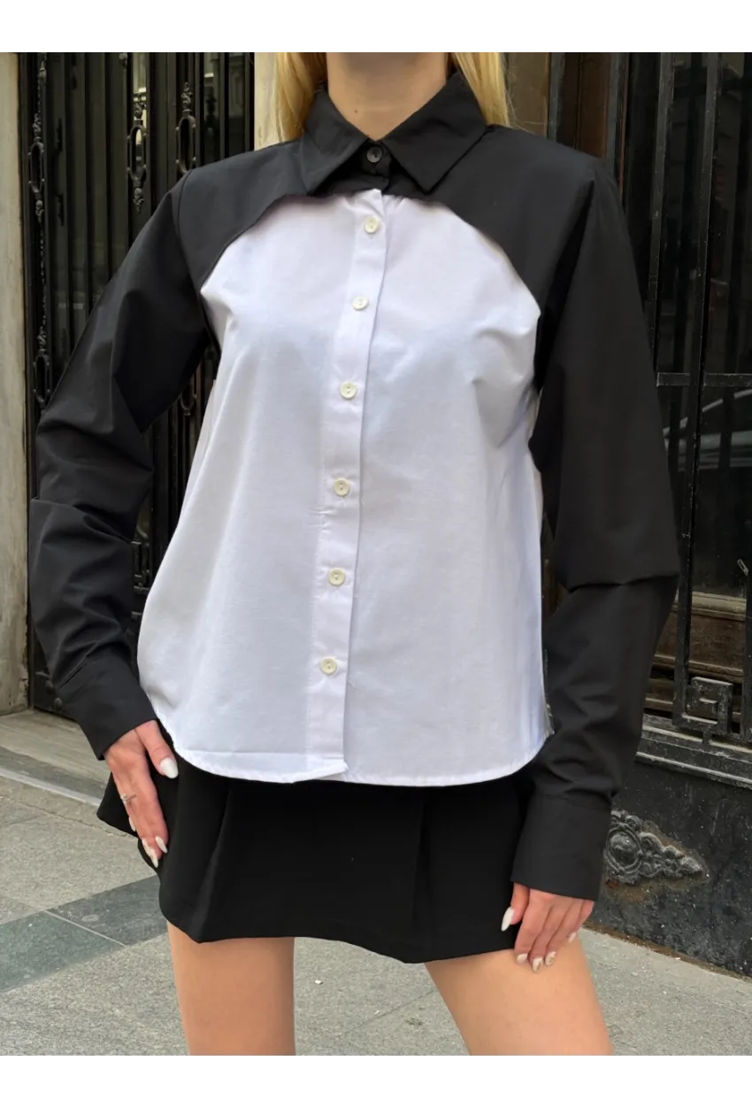 Kadın Siyah Renk Bloklu Uzun Kollu Oversize Gömlek