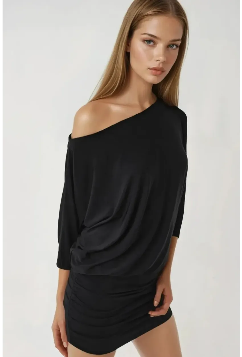 Kadın Siyah Tek Omuz Yarasa Kol Drapeli Mini Elbise