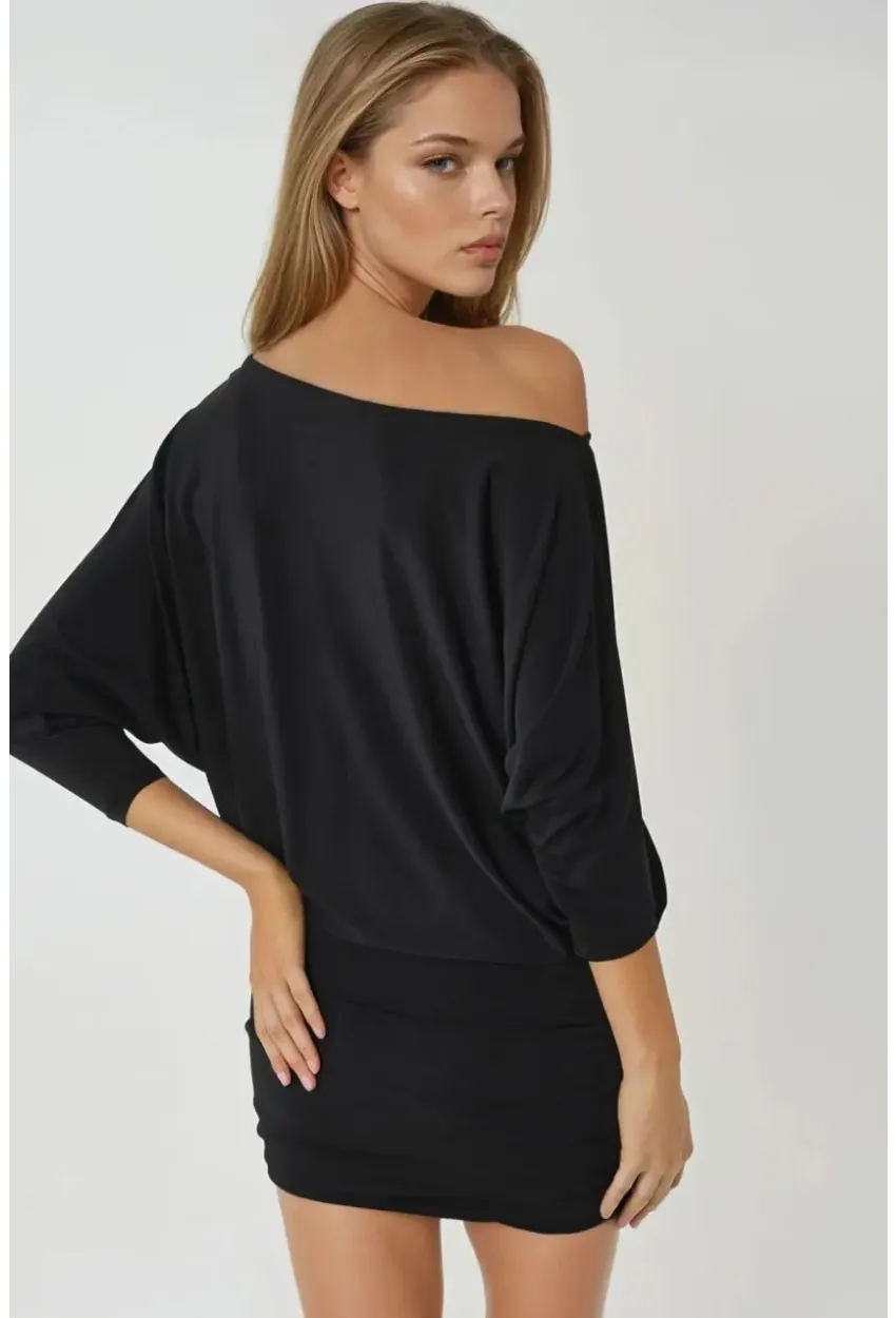 Kadın Siyah Tek Omuz Yarasa Kol Drapeli Mini Elbise