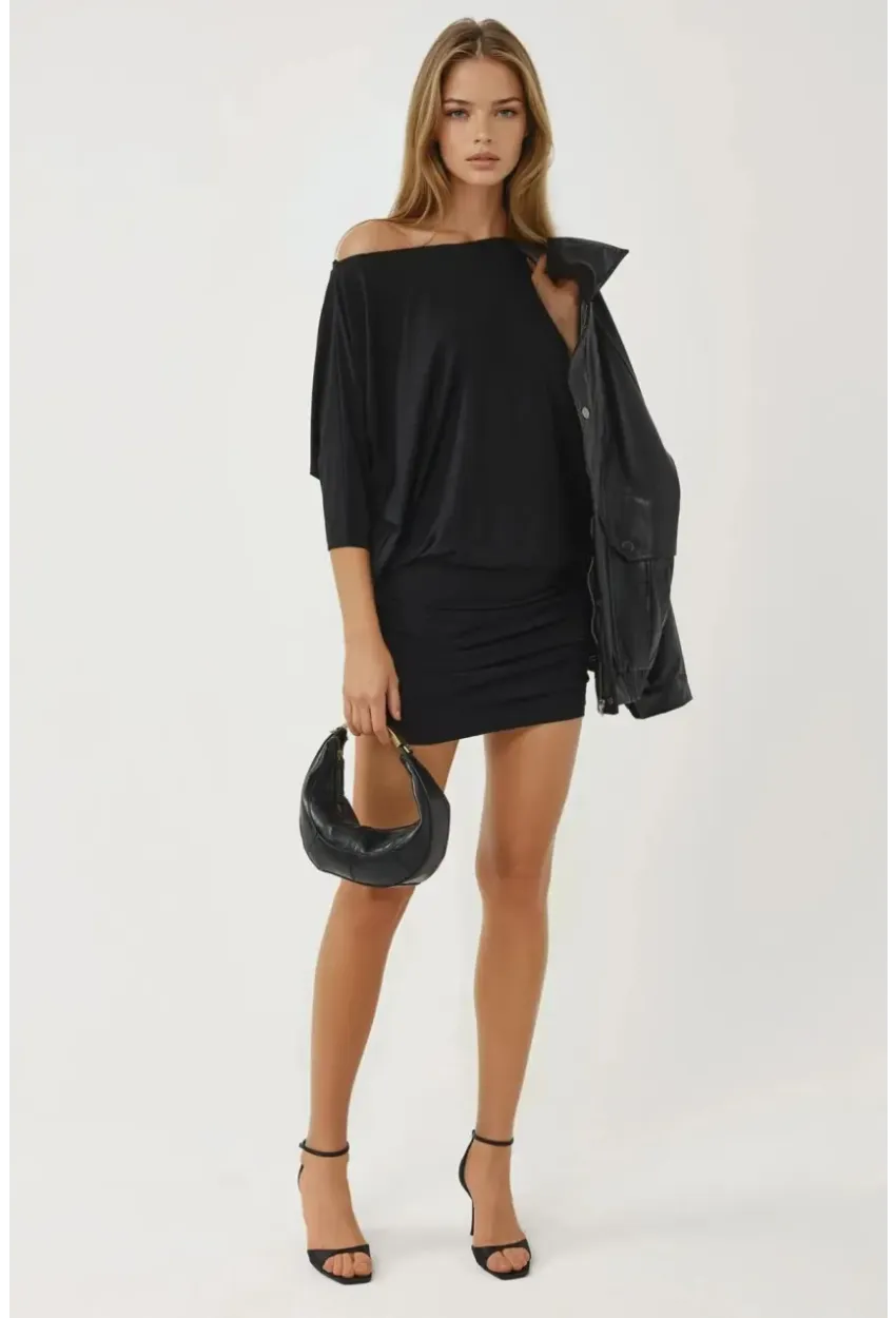 Kadın Siyah Tek Omuz Yarasa Kol Drapeli Mini Elbise