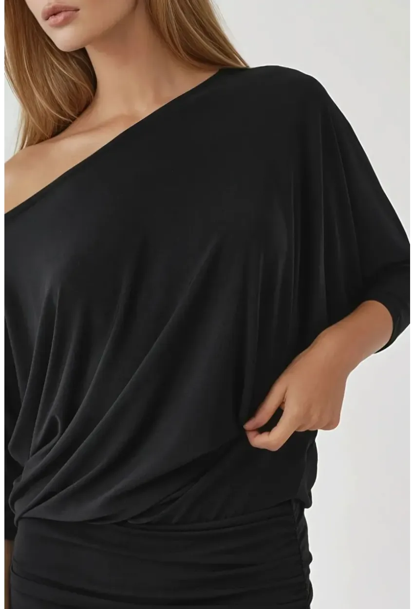 Kadın Siyah Tek Omuz Yarasa Kol Drapeli Mini Elbise