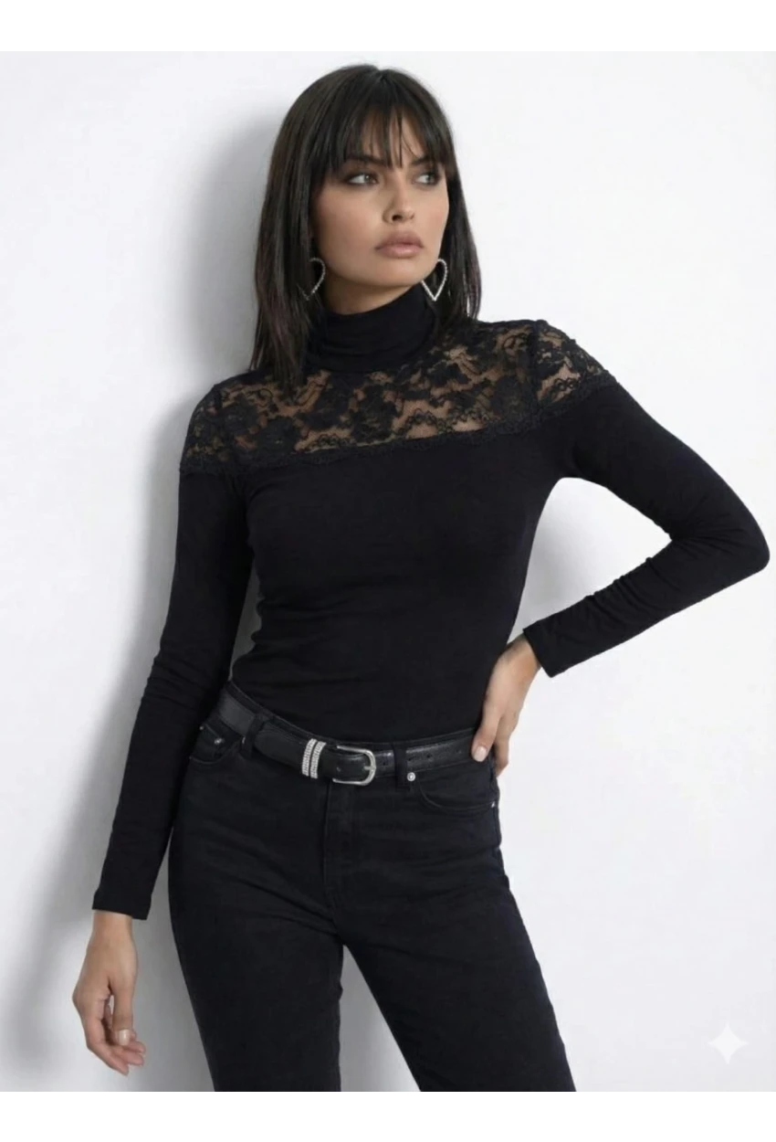 Kadın Siyah Üst Güpür Detay Kaşkorse Bluz