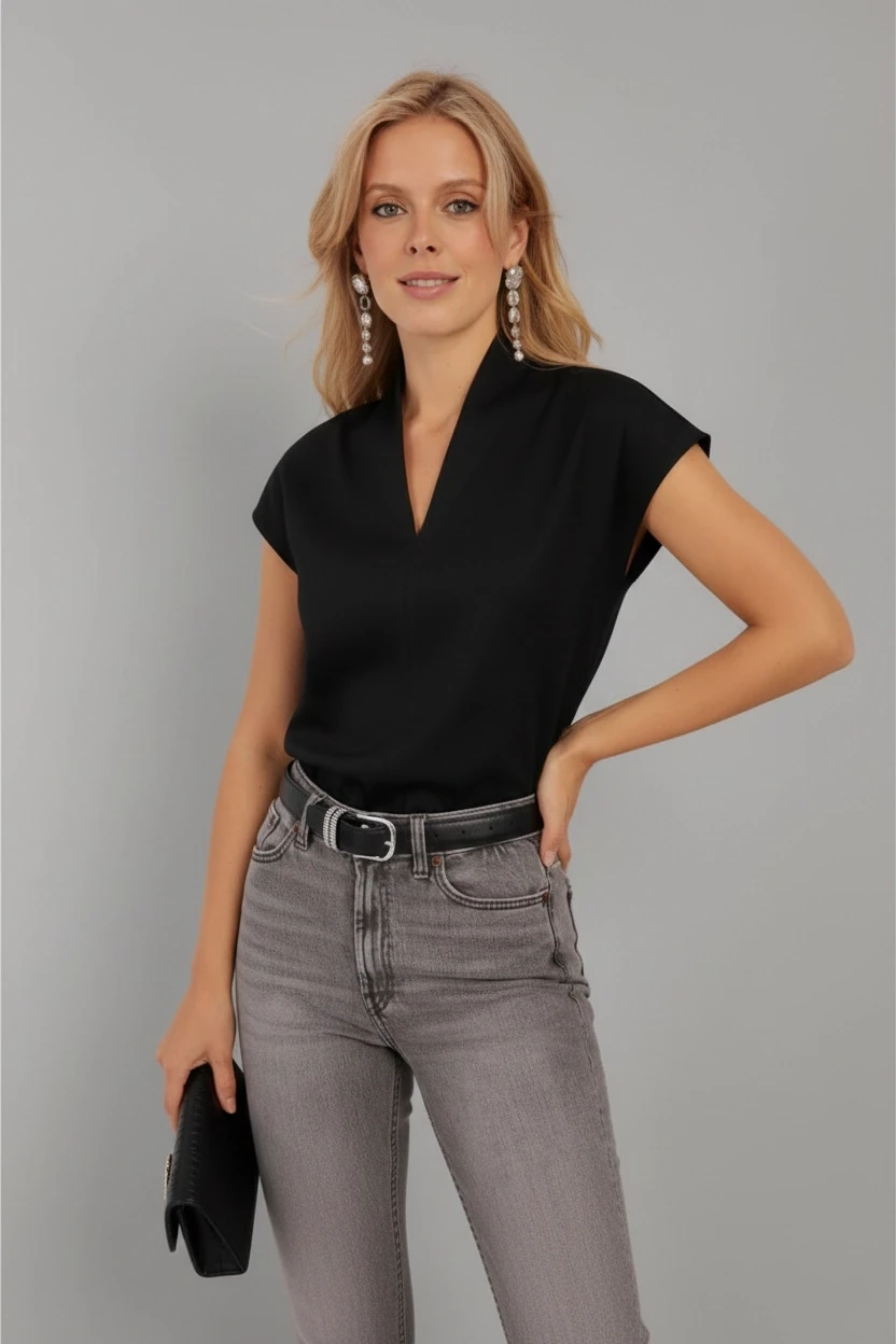 Kadın Siyah V Yaka Bluz EY2742