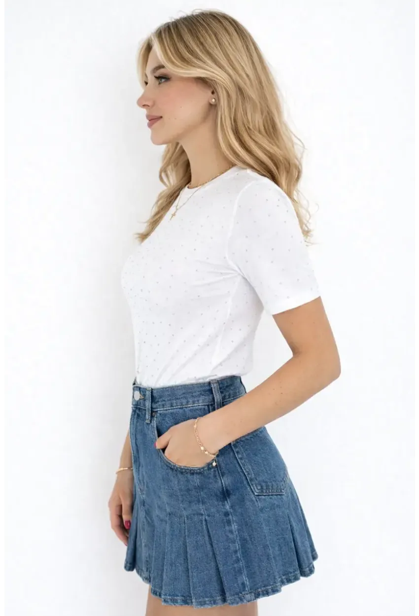 Kadın Taş Detaylı Kısa Kollu T-shirt Beyaz