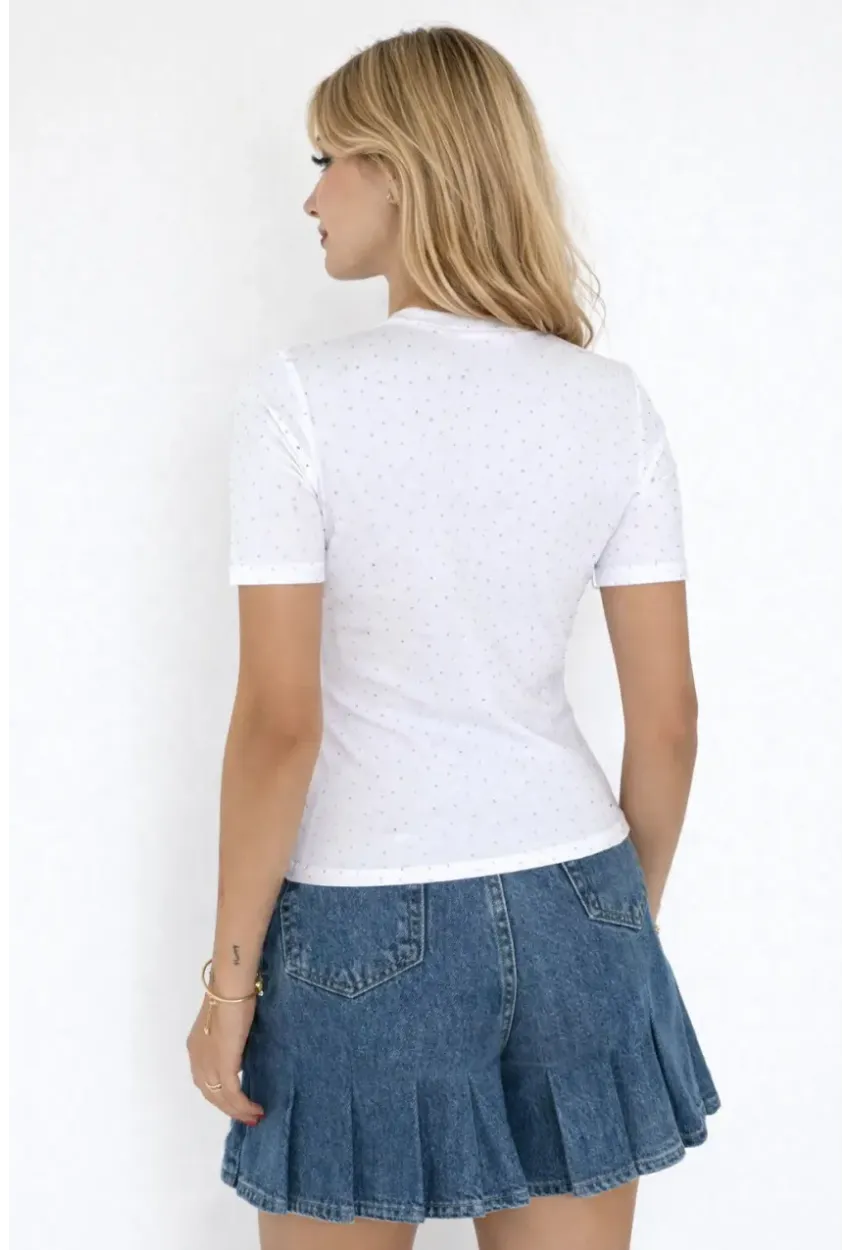 Kadın Taş Detaylı Kısa Kollu T-shirt Beyaz