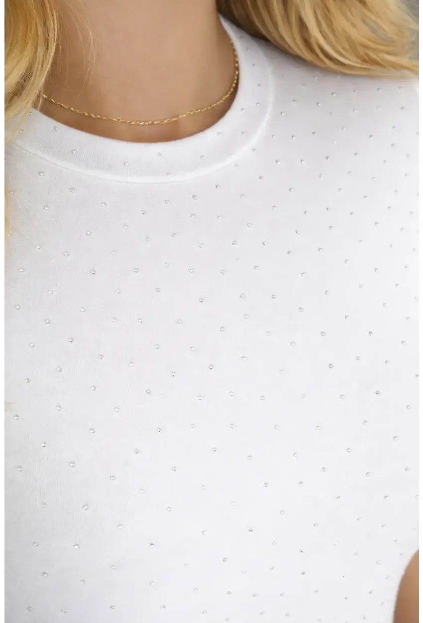 Kadın Taş Detaylı Kısa Kollu T-shirt Beyaz