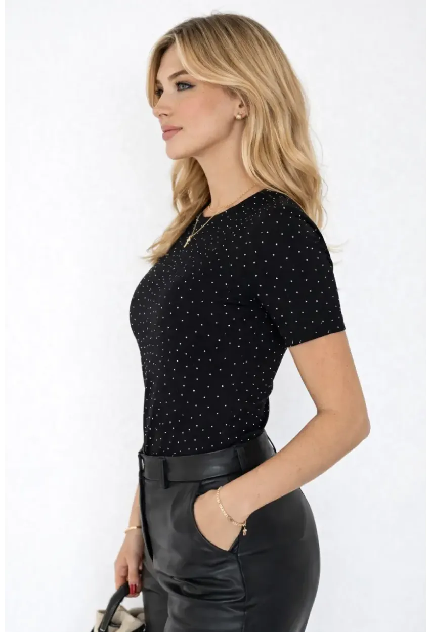 Kadın Taş Detaylı Kısa Kollu T-shirt Siyah