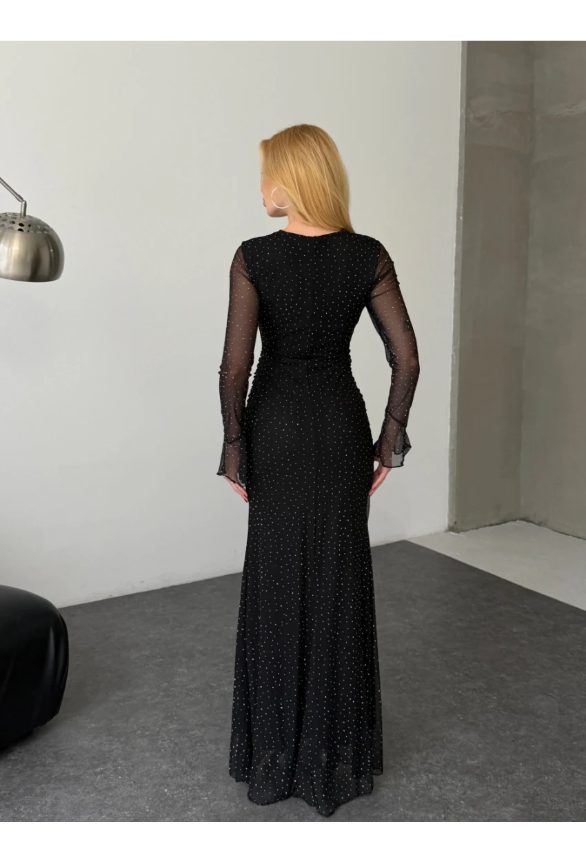 Kadın Taş İşleme Full Likralı Maxi Boy Elbise Siyah