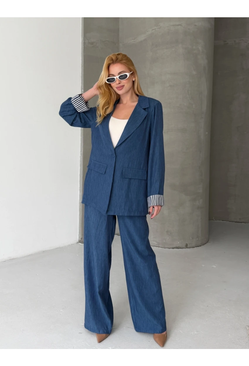 Kadın Tensel Kumaş Blazer Ceket Pantolon Takım – Mavi CLV244