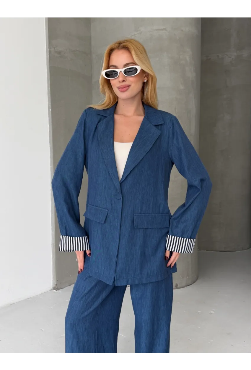 Kadın Tensel Kumaş Blazer Ceket Pantolon Takım – Mavi CLV244