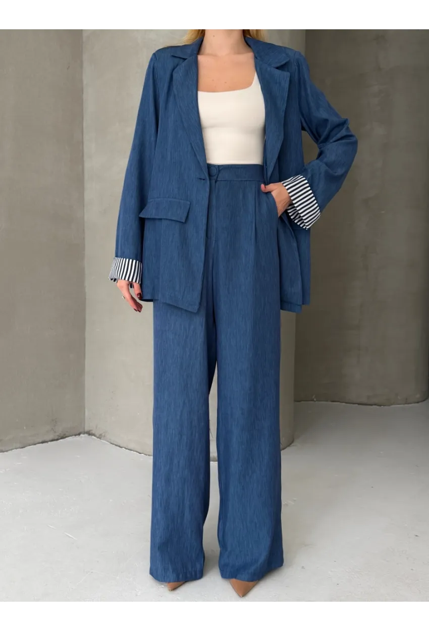 Kadın Tensel Kumaş Blazer Ceket Pantolon Takım – Mavi CLV244