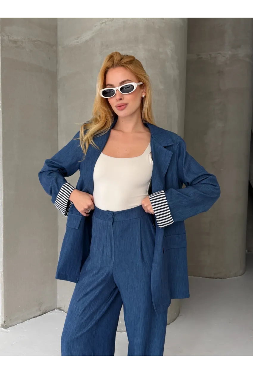 Kadın Tensel Kumaş Blazer Ceket Pantolon Takım – Mavi CLV244