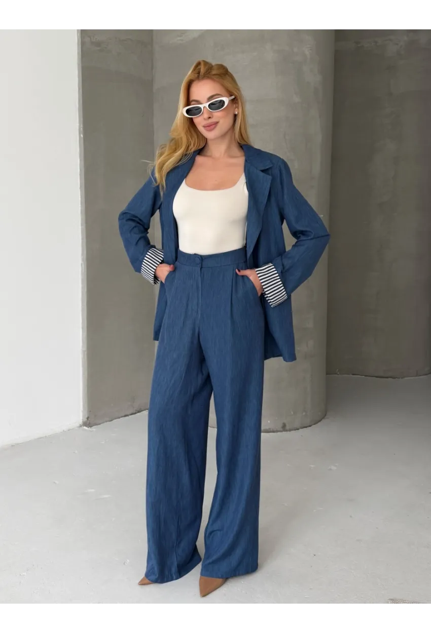 Kadın Tensel Kumaş Blazer Ceket Pantolon Takım – Mavi CLV244