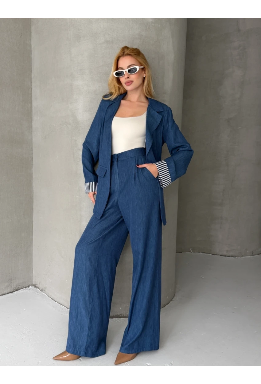 Kadın Tensel Kumaş Blazer Ceket Pantolon Takım – Mavi CLV244