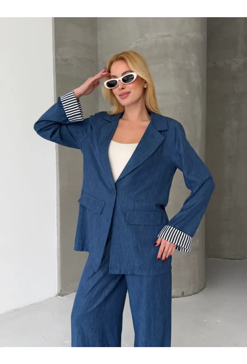 Kadın Tensel Kumaş Blazer Ceket Pantolon Takım – Mavi CLV244