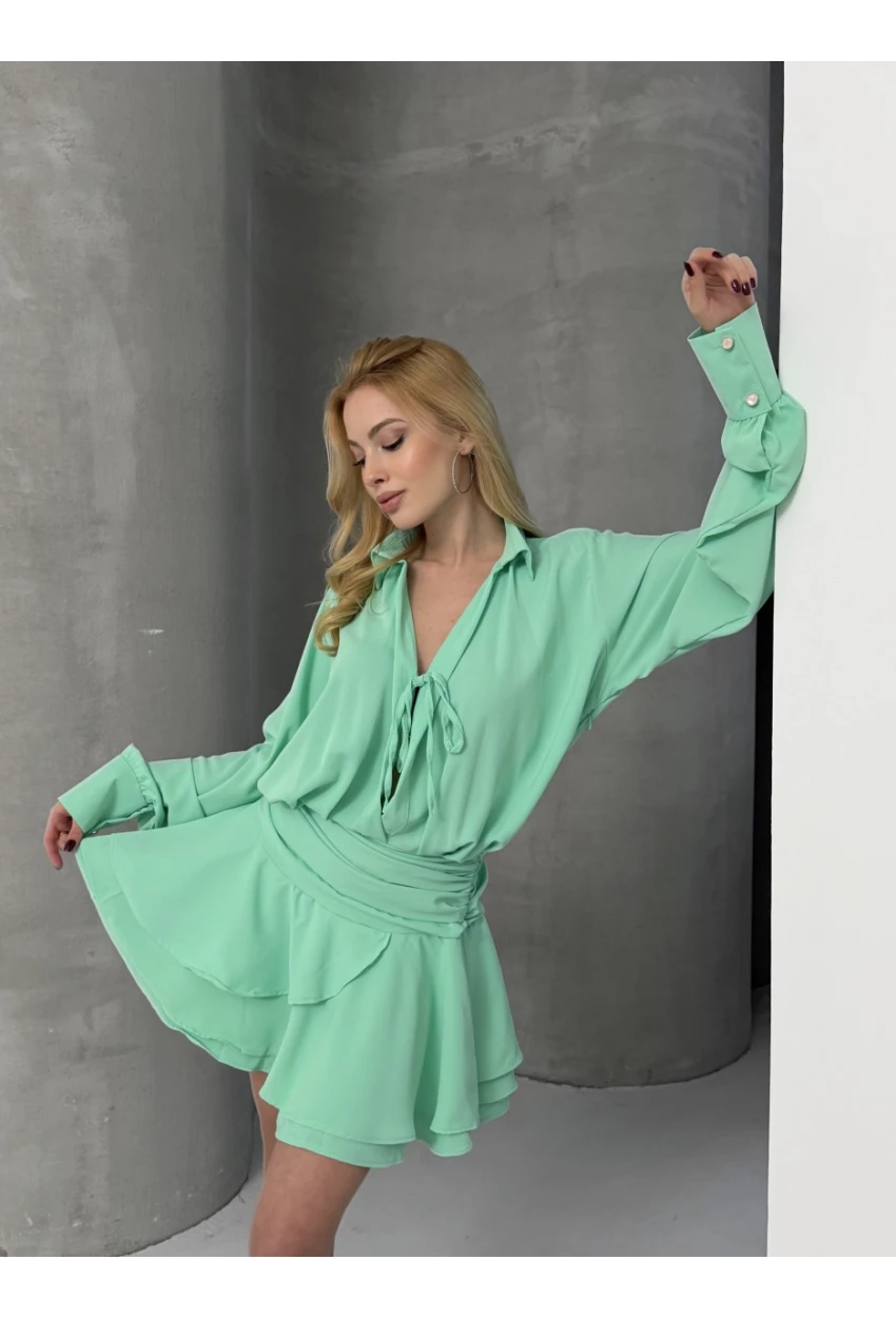 Kadın Tensel Kumaş Volanlı Mini Elbise Yeşil