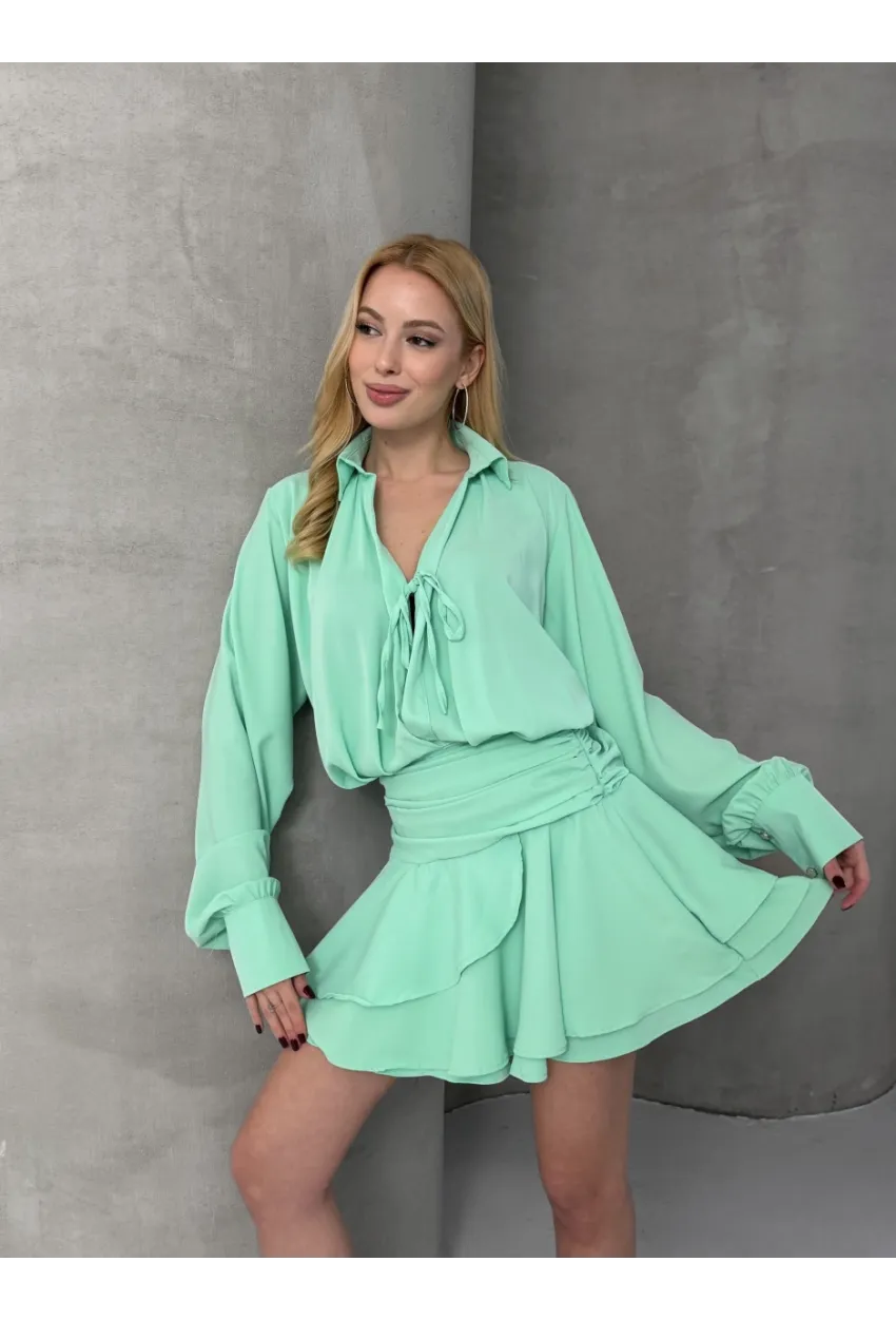 Kadın Tensel Kumaş Volanlı Mini Elbise Yeşil
