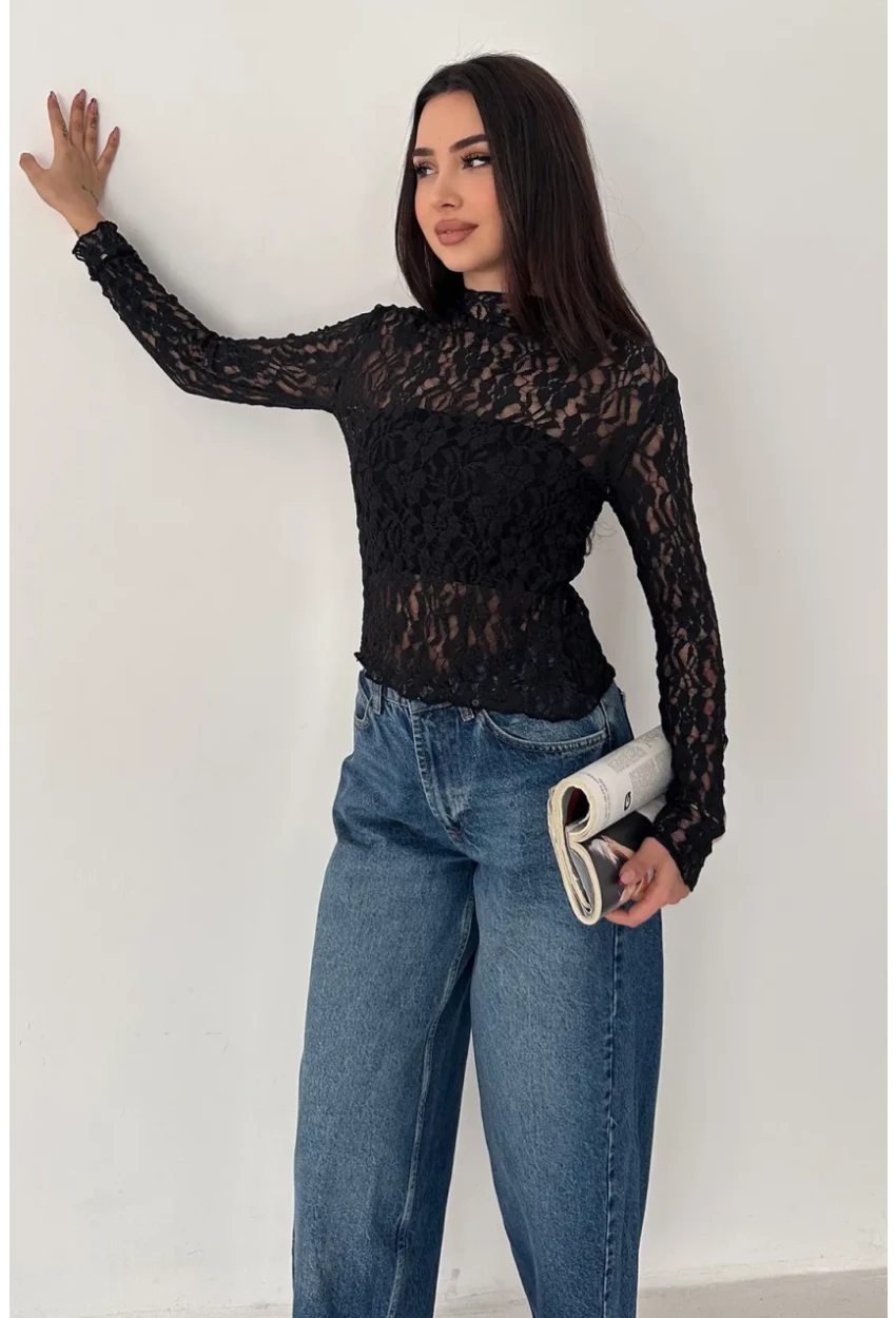 Kadın Transparan Çiçek Desenli Dantel Bluz