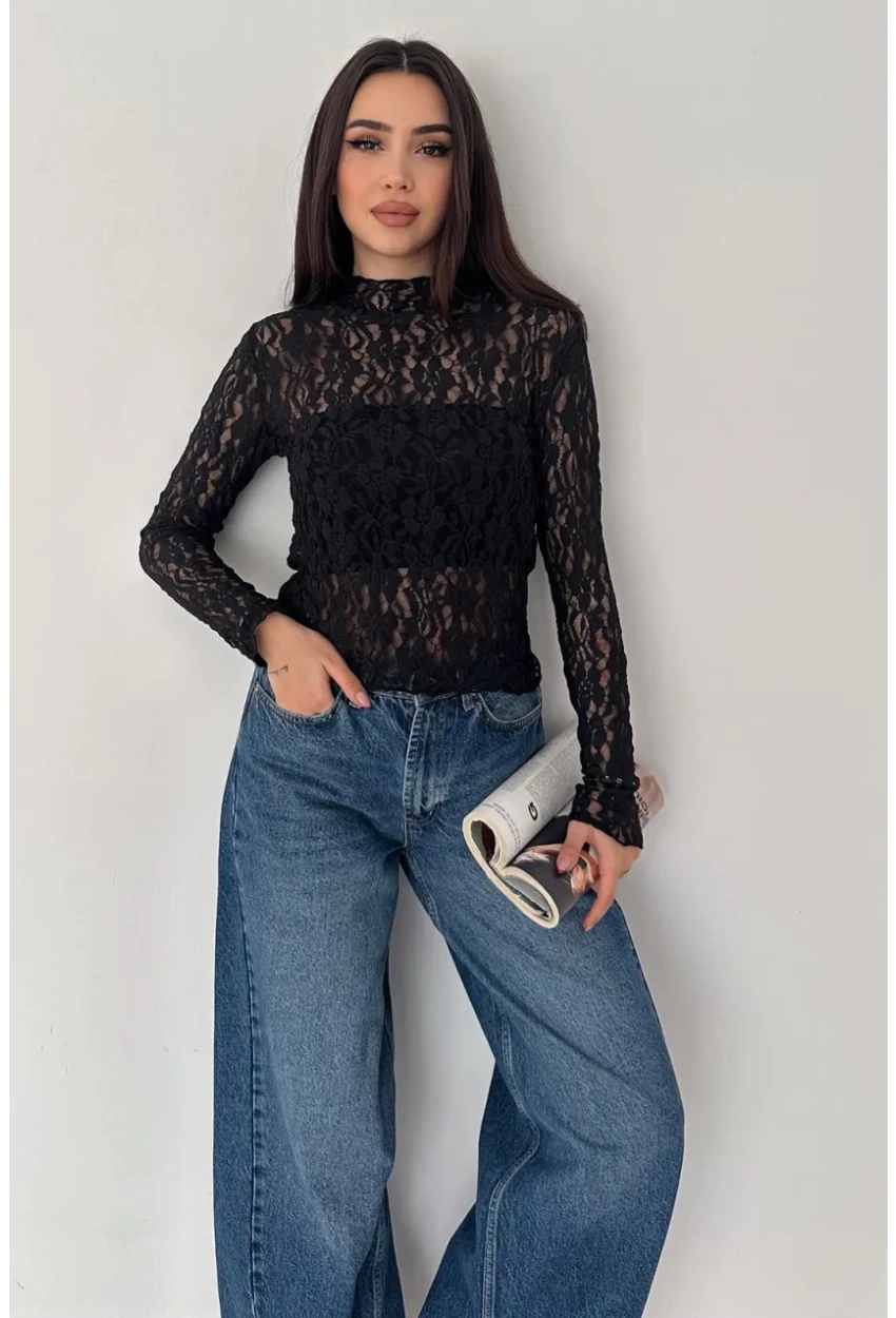 Kadın Transparan Çiçek Desenli Dantel Bluz