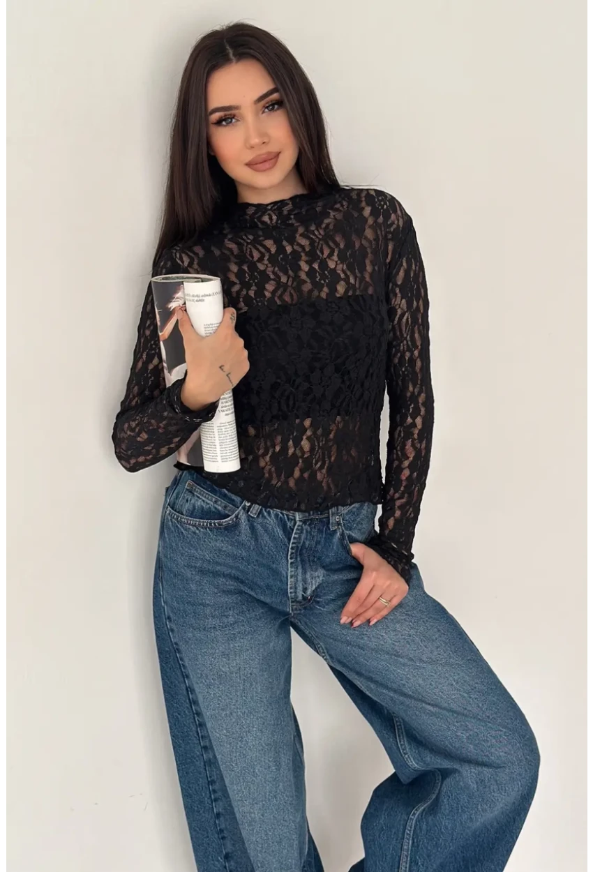 Kadın Transparan Çiçek Desenli Dantel Bluz
