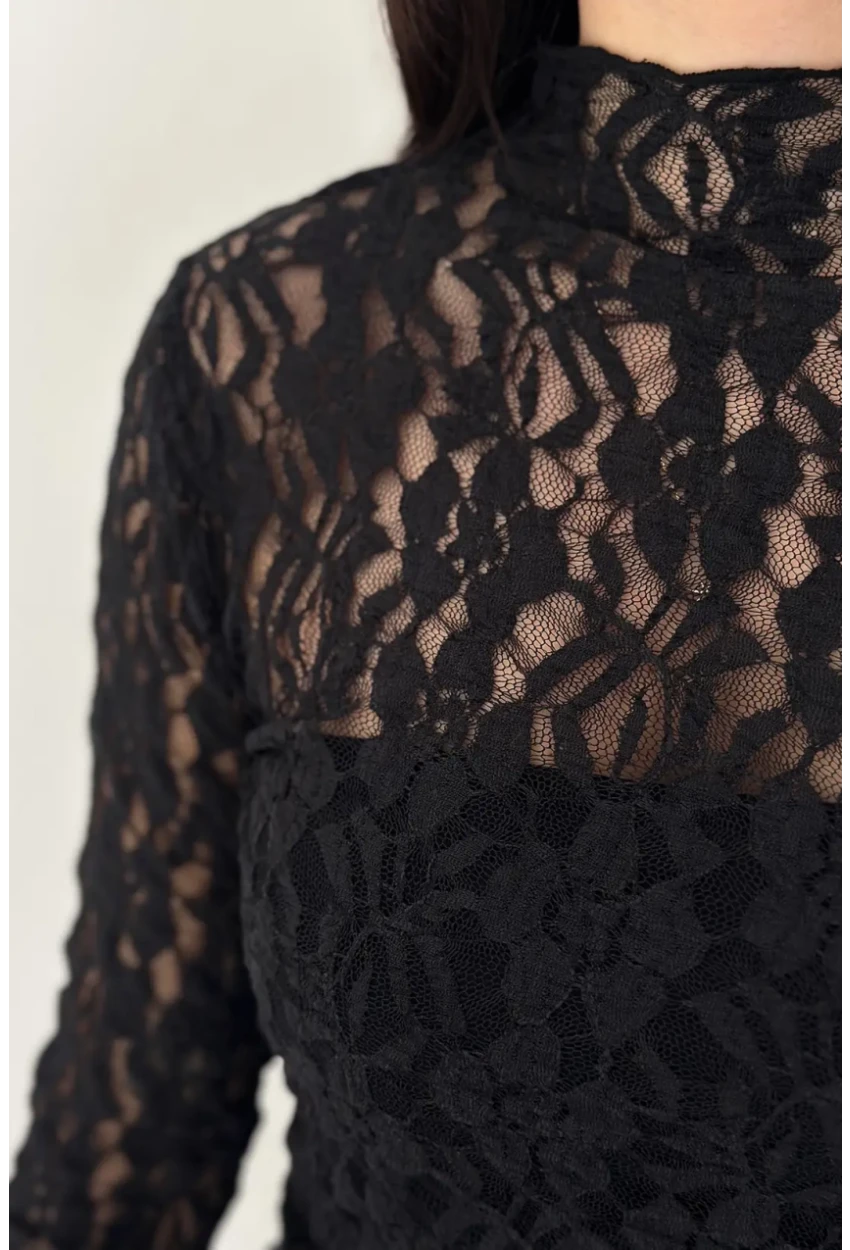 Kadın Transparan Çiçek Desenli Dantel Bluz